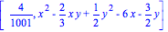 [4/1001, x^2-2/3*x*y+1/2*y^2-6*x-3/2*y]